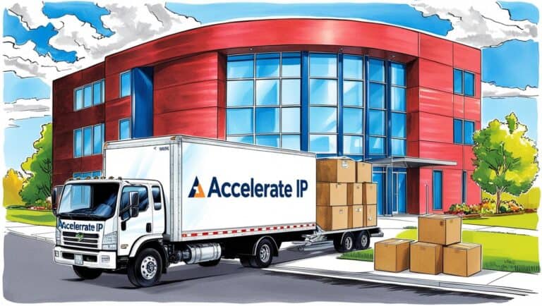 Moving truck with the Accelerate IP logo parked outside a modern office building, surrounded by boxes and expansion, emphasizing logistics and corporate relocation services.
