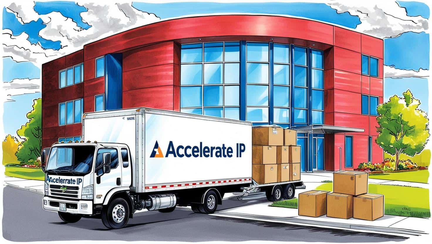 Moving truck with the Accelerate IP logo parked outside a modern office building, surrounded by boxes and expansion, emphasizing logistics and corporate relocation services.