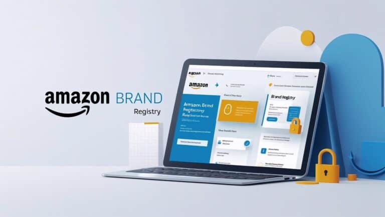Amazon brand registry platform displayed on a laptop screen, focusing on product protection, brand management, and intellectual property security. Visual emphasizes Amazon brand protection solutions.