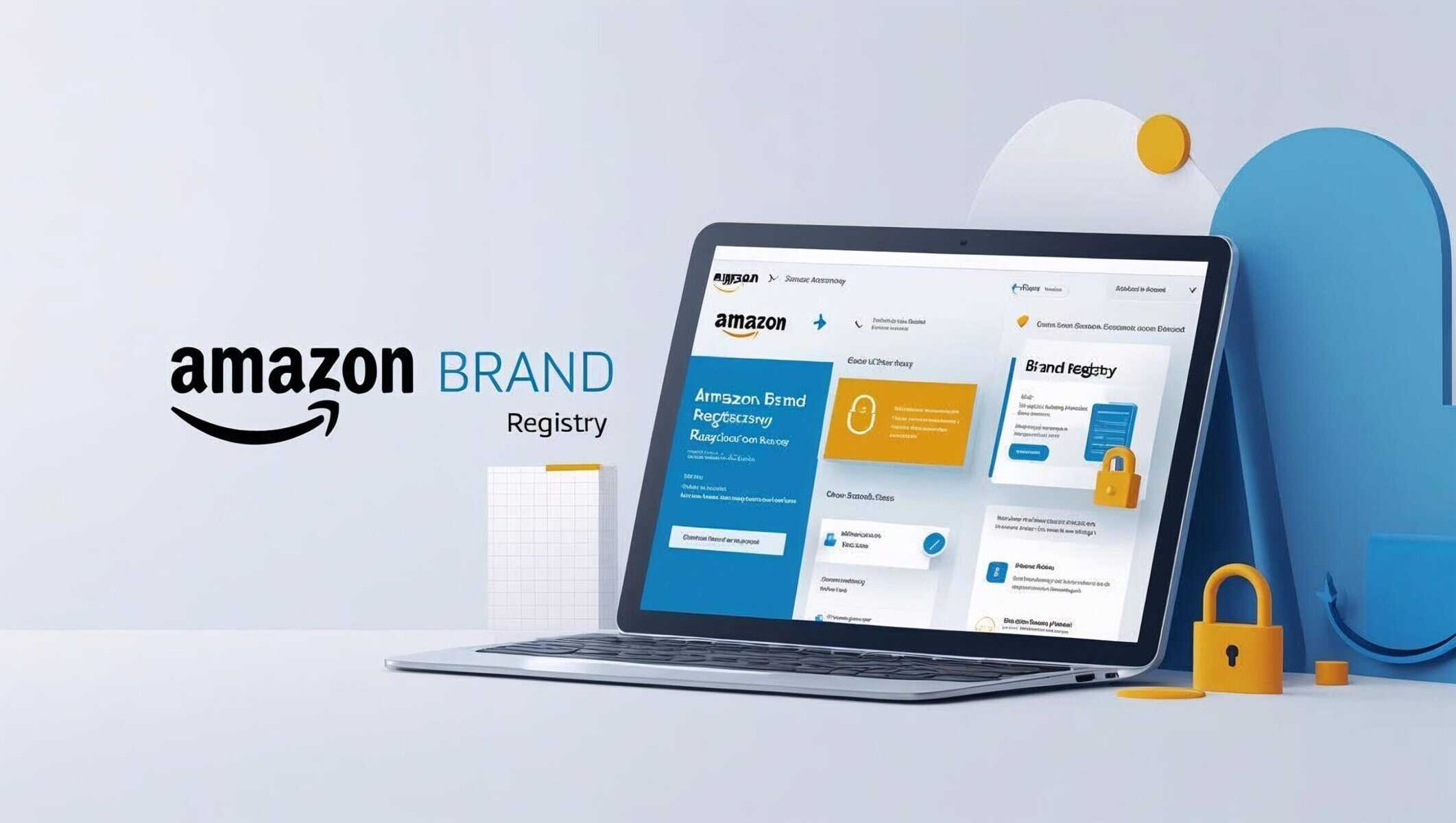 Amazon brand registry platform displayed on a laptop screen, focusing on product protection, brand management, and intellectual property security. Visual emphasizes Amazon brand protection solutions.