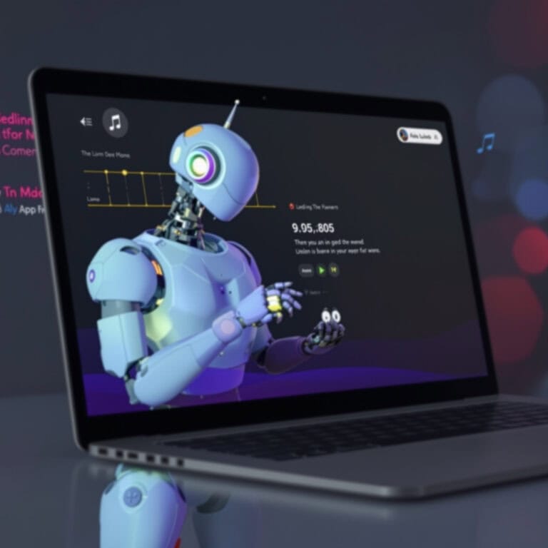 Robotic AI character interacting with digital music streaming interface on a laptop for innovative technology and AI-powered solutions.
