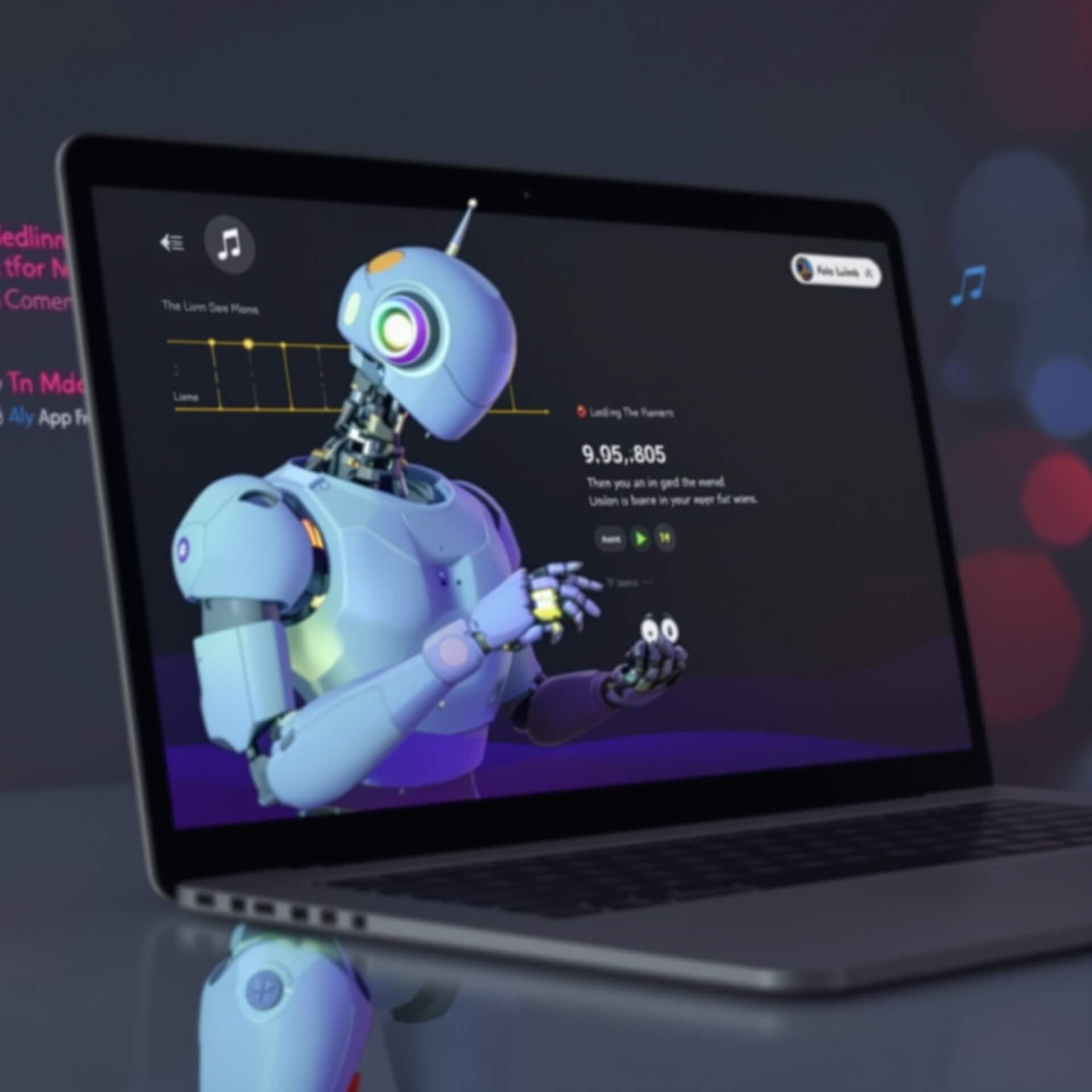 Robotic AI character interacting with digital music streaming interface on a laptop for innovative technology and AI-powered solutions.