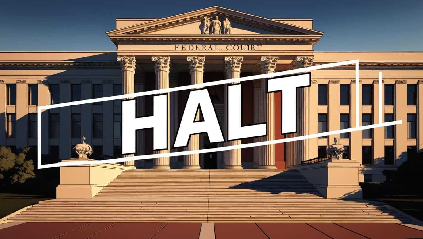 Federal Court building with a prominent "HALT" sign overlay.