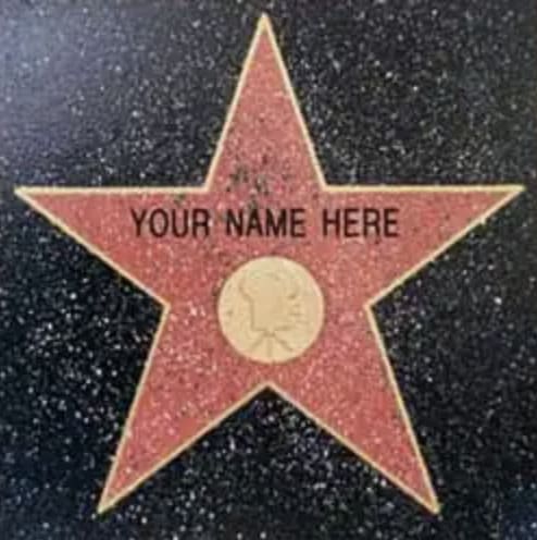 Engraved star on Hollywood Walk of Fame surface with customizable name plaque, representing celebrity recognition and entertainment industry honors.