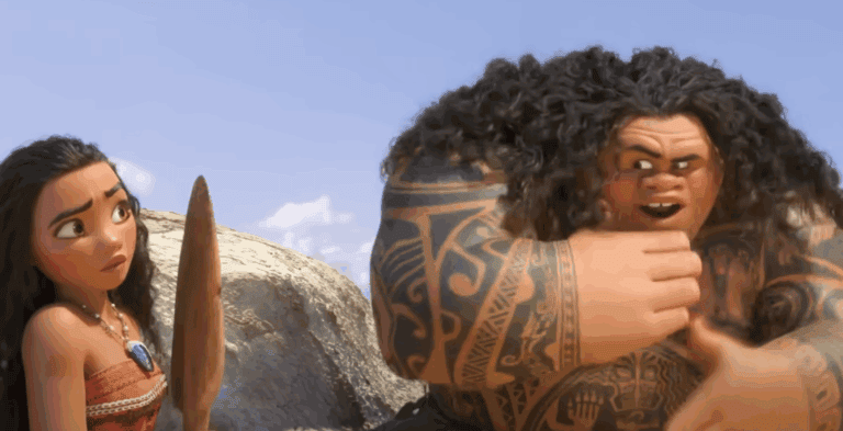 Vibrant scene from animated film depicting characters with tribal tattoos, lush natural surroundings, and traditional artifacts, illustrating Native Polynesian culture and storytelling.