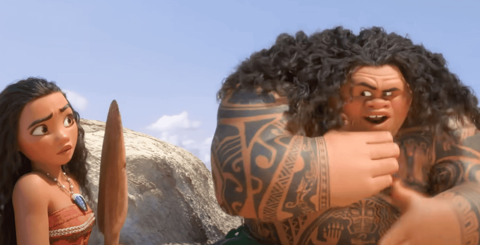 Vibrant scene from animated film depicting characters with tribal tattoos, lush natural surroundings, and traditional artifacts, illustrating Native Polynesian culture and storytelling.