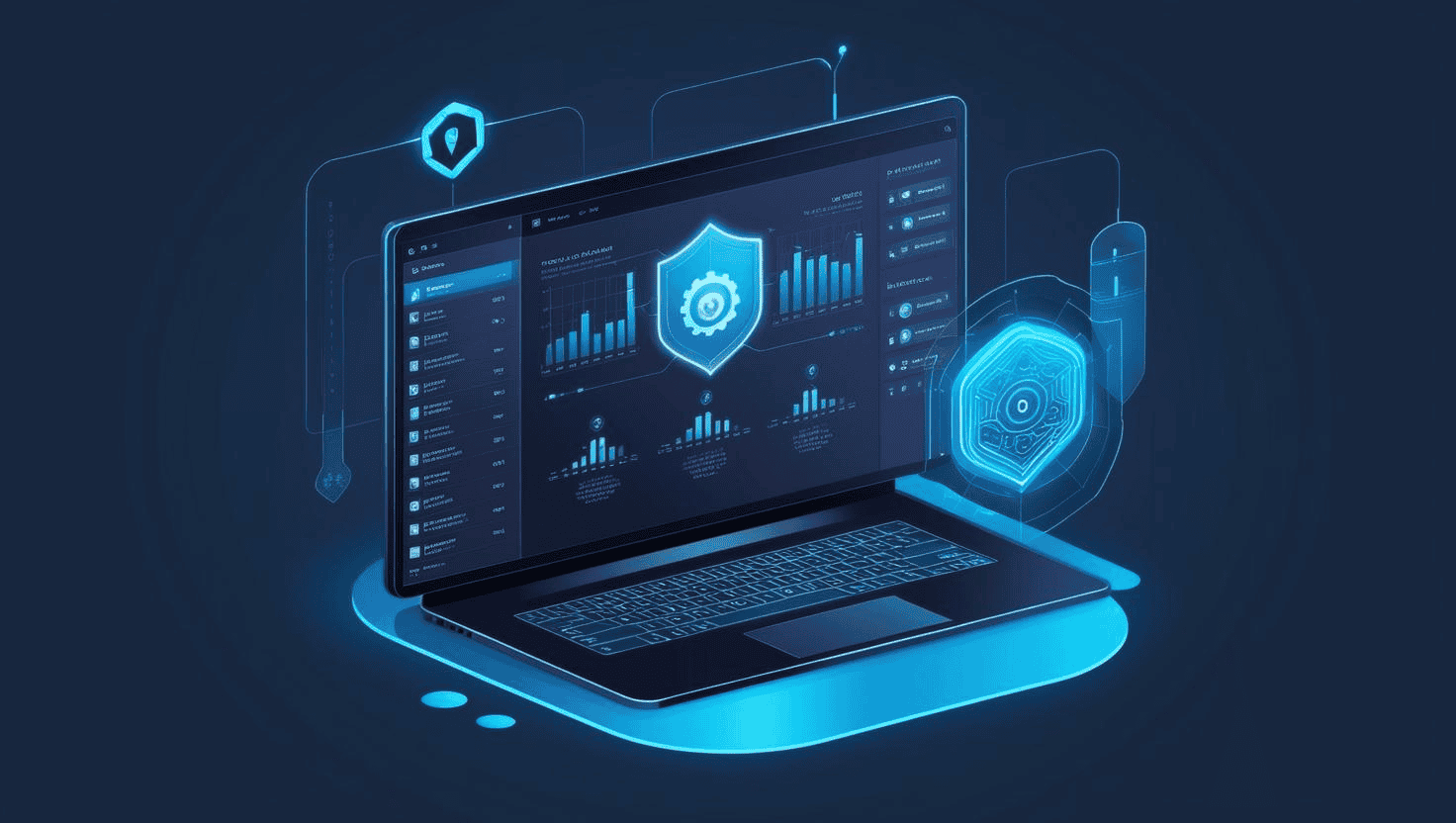Cybersecurity and data protection technology illustration with digital security icons and charts on a laptop screen.