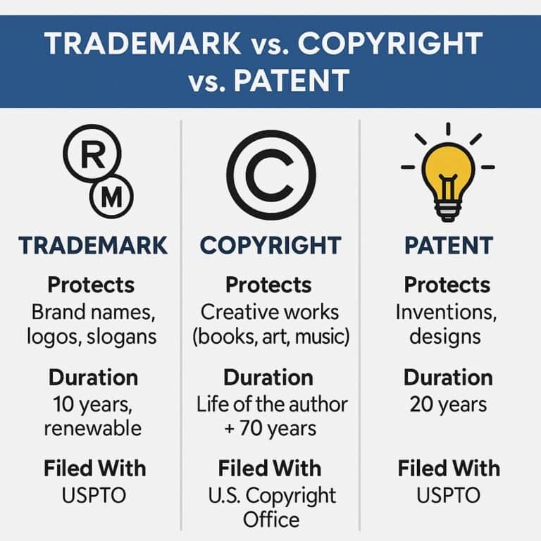 Trademark vs. copyright vs. patent comparison infographic for intellectual property protection. Explains differences, durations, and filing details for trademarks, copyrights, and patents.