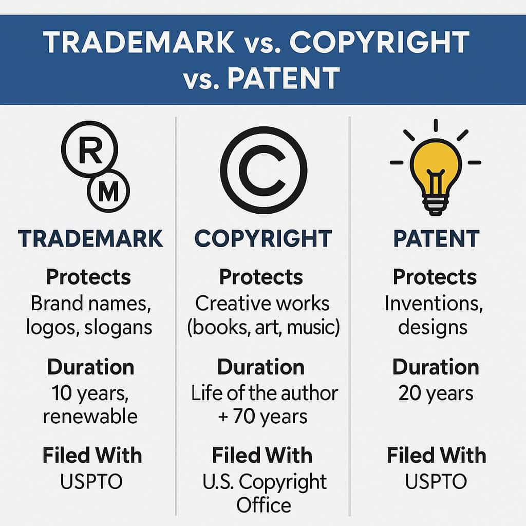 Trademark vs. copyright vs. patent comparison infographic for intellectual property protection. Explains differences, durations, and filing details for trademarks, copyrights, and patents.