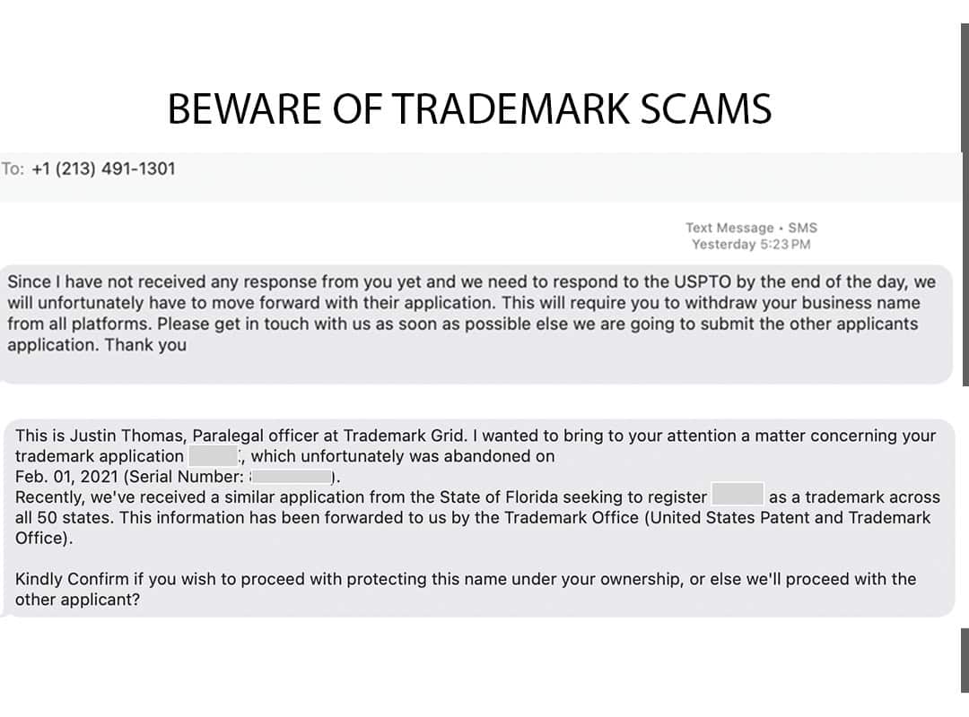 Unauthorized use and trademark scams warning image, depicting scam communication about trademark application issues, emphasizing the importance of legal trademark protection.