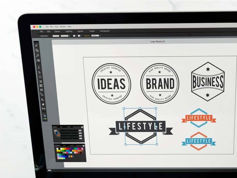 Modern logo design software interface showcasing ideas for branding and business logos, focusing on typography, shapes, and color palettes for effective brand identity creation.