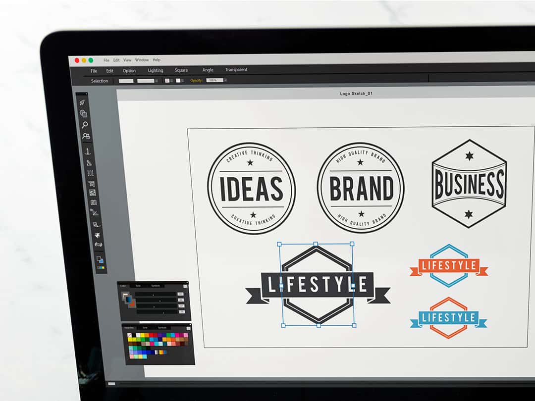 Modern logo design software interface showcasing ideas for branding and business logos, focusing on typography, shapes, and color palettes for effective brand identity creation.