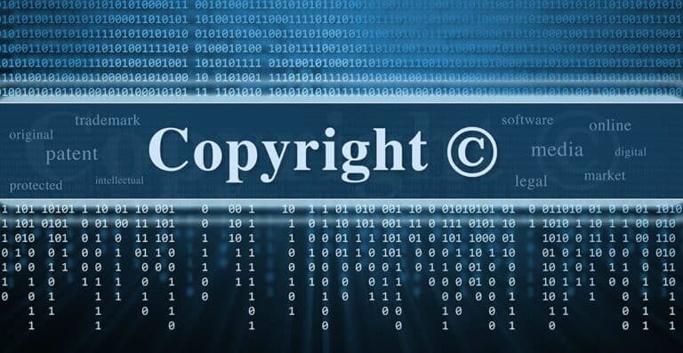 Copyright symbol image representing digital media and intellectual property, with binary code background, for technology and copyright law concepts.