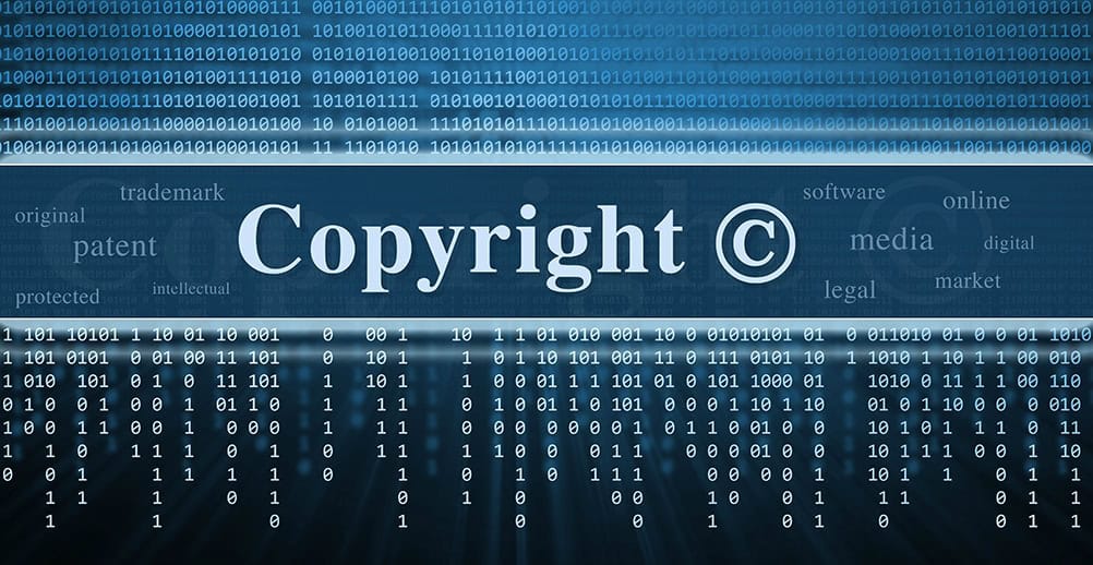 Copyright symbol image representing digital media and intellectual property, with binary code background, for technology and copyright law concepts.