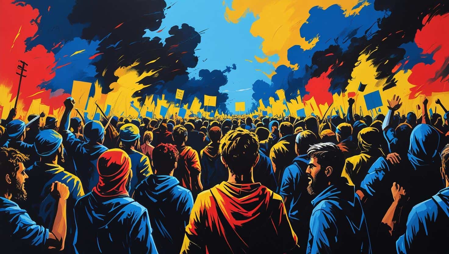 Protest and rally illustration with diverse crowd raising signs and banners, vibrant colors, emphasizing unity, activism, and social movement; digital art for social change awareness.