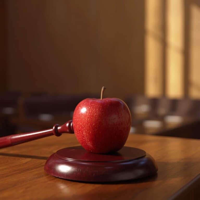 Deluxe red apple with gavel on wooden table, legal concept, law and justice symbol, courtroom or legal setting, court proceedings, legal system, law enforcement, courtroom decor, justice and trial imagery.