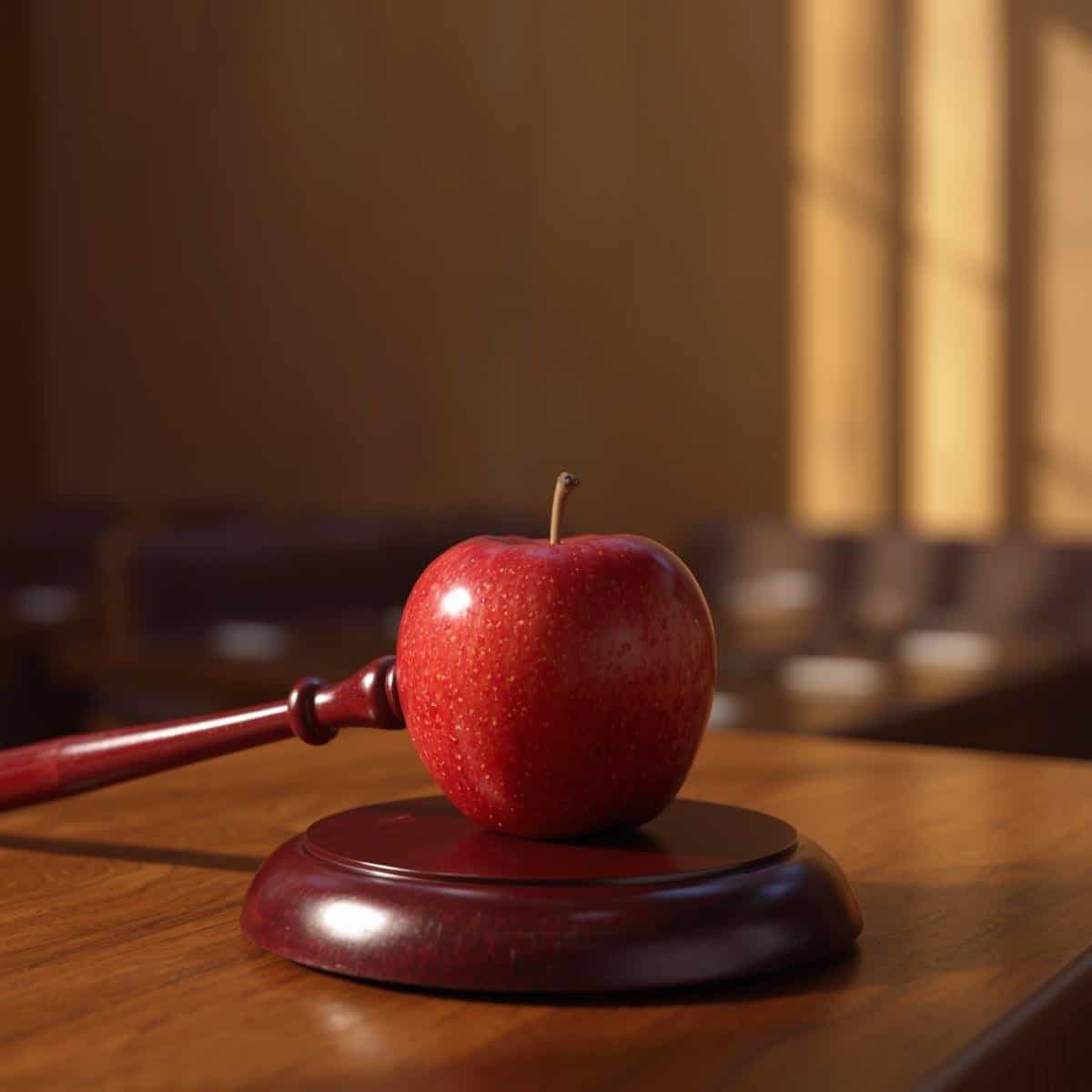 Deluxe red apple with gavel on wooden table, legal concept, law and justice symbol, courtroom or legal setting, court proceedings, legal system, law enforcement, courtroom decor, justice and trial imagery.