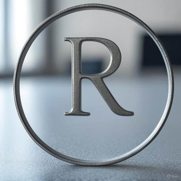 R trademark symbol on metallic token, representing intellectual property registration and branding.