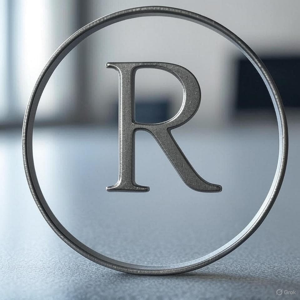 R trademark symbol on metallic token, representing intellectual property registration and branding.